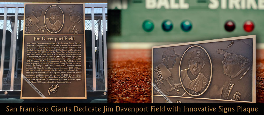 A new minor league facility in Phoenix was dedicated to Jim Davenport, of the San Francisco Giants, with this 24x36 machine engraved bronze plaque with 3D PhotoRelief graphics.